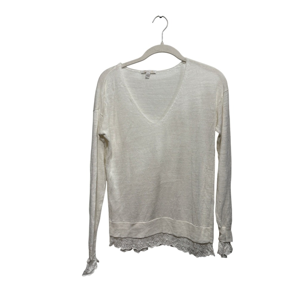 Minnie Rose ivory Lace‎ Trim V Neck Lightweight Linen Blend Sweater XS feminine